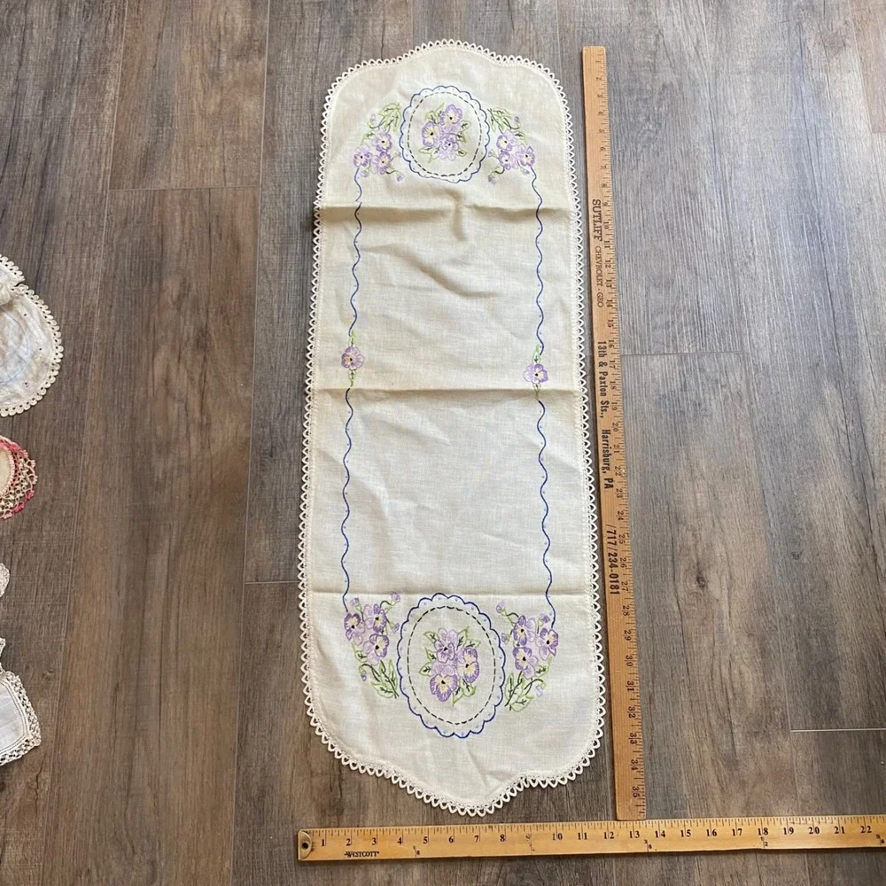 Vintage Embroidered Floral Table Runner Doily Set Purple Lace 'Butterfly' 4pc